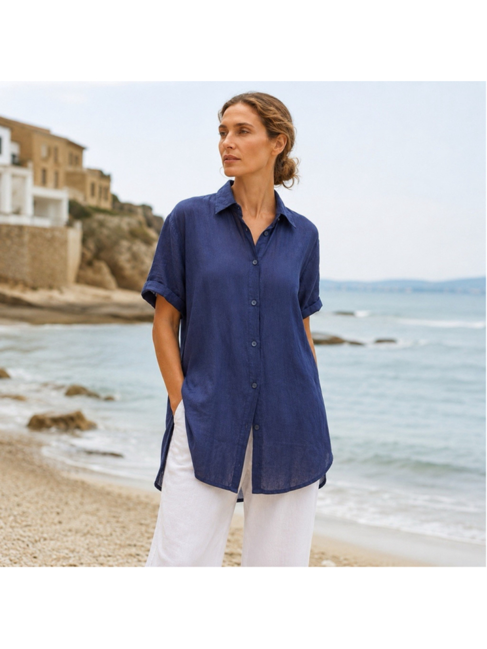VTG Max Mara 100% Linen Navy Minamalist Coastal Button Down Tunic Top 10